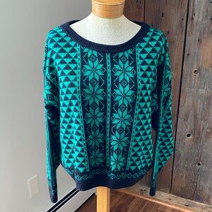 Vintage 80’s Christmas winter sweater green black snowflakes ugly Sweater Sz M
